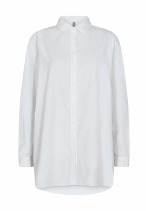 White button-up shirt with a collar, long sleeves, and a curved hem. Made of a smooth fabric with a plain design and no patterns.