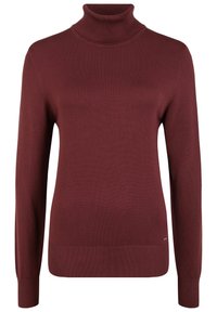 Bordowy sweter z golfem, wykonany z dzianiny prążkowanej. Posiada długie rękawy oraz dopasowany krój z lekko podwyższonym kołnierzem.