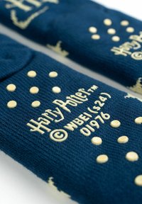 Calze nere con testo "Harry Potter" in crema, decorate con punti dorati e un logo in rilievo. Tessuto a maglia testurizzato.