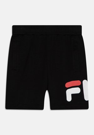 Pantaloni corti neri realizzati in un tessuto morbido, con tasche laterali e un grande design del logo bianco e rosso sul lato destro. Vita elastica.
