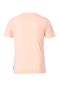 Korte mouwen t-shirt in zachte, lichte perzikstof. Heeft een eenvoudige ronde hals en een label in het midden van de achterkant, zonder extra patronen.