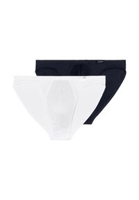 To mænds boxershorts i sort og hvid, lagt fladt med det hvide par overlappende det sorte par.