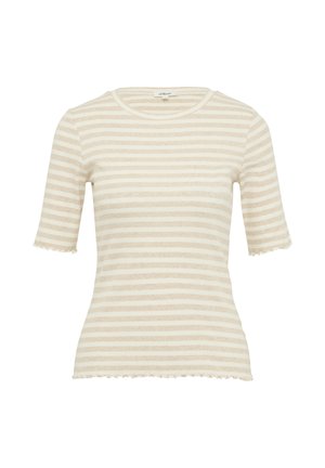 Korte mouwen gestreept T-shirt in licht beige met crème strepen. Heeft een ronde halslijn en geschulpte randen bij de mouwen en de zoom. Zachte textuur.