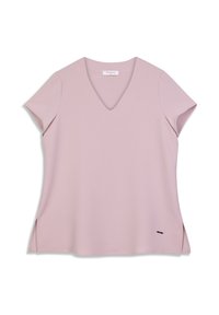 Haut rose clair à manches courtes avec un col en V, fentes latérales et un discret logo près de l'ourlet. Tissu lisse et doux avec une coupe décontractée.