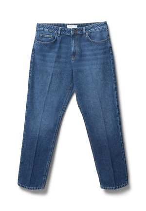 Jeans en denim bleu avec une coupe droite, quatre poches et une fermeture à bouton. Présente un léger délavage et un ourlet piqué.