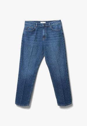 Blaue Jeans aus Denim mit geradem Bein, vier Taschen und einem Knopfverschluss. Verfügt über leichte Verfärbungen und einen genähten Saum.