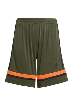 Olive green sports shorts with an elastic waistband, featuring black side accents and an orange stripe near the hem. Includes a black logo.