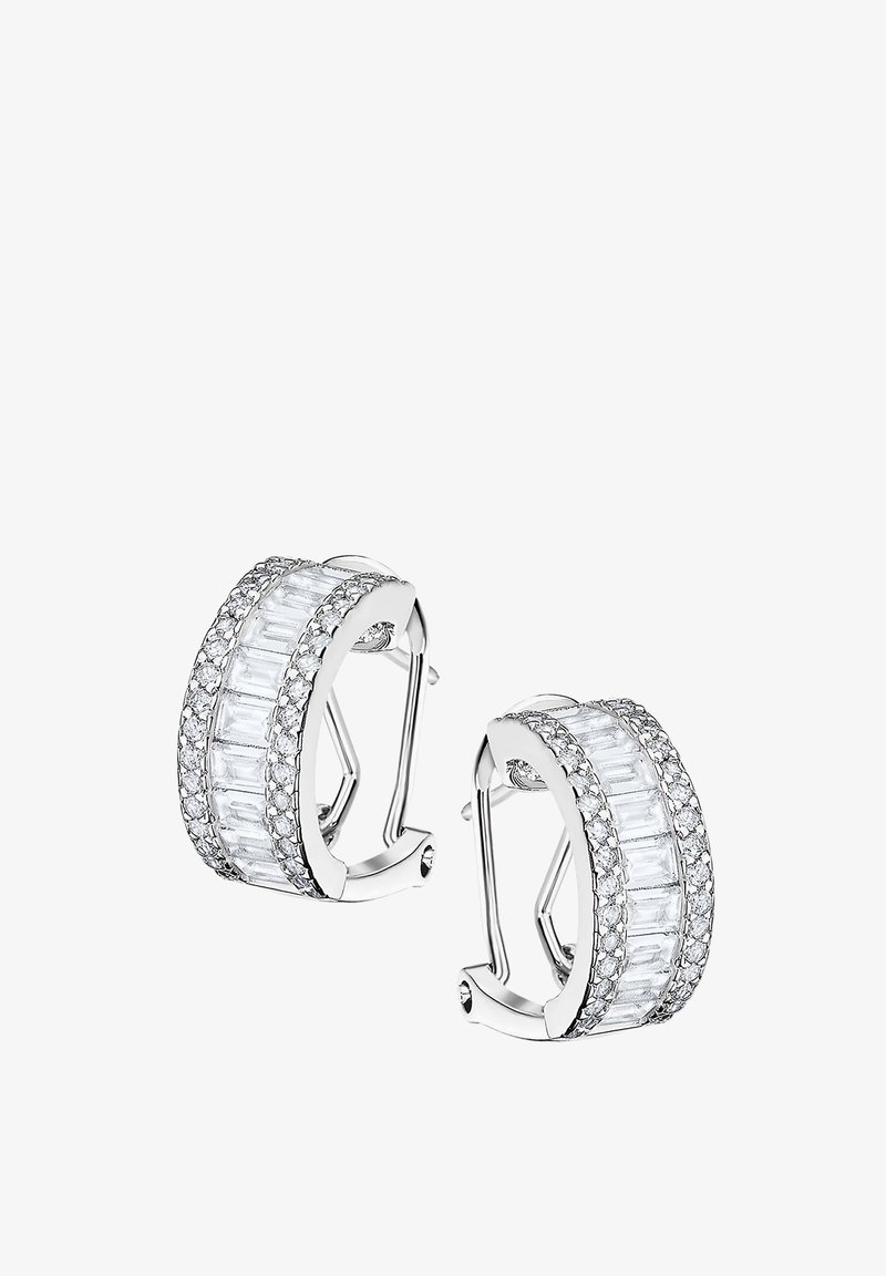 Silver hoop earrings featuring rectangular and round clear gemstones, with a polished finish and intricate detailing on the outer edge.