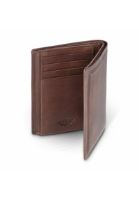 Portafoglio in pelle marrone con design a filo, dotato di più scomparti per carte e una superficie testurizzata. Logo inciso discreto all'esterno.