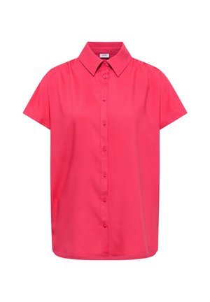 Chemise à manches courtes rose vif à boutons, avec un col pointu et un ourlet droit, présentée sur fond blanc.