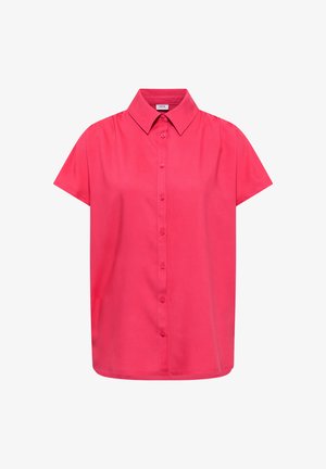 Kortærmet, knap-up skjorte i klar pink med spids krave og lige kant, vist på en hvid baggrund.