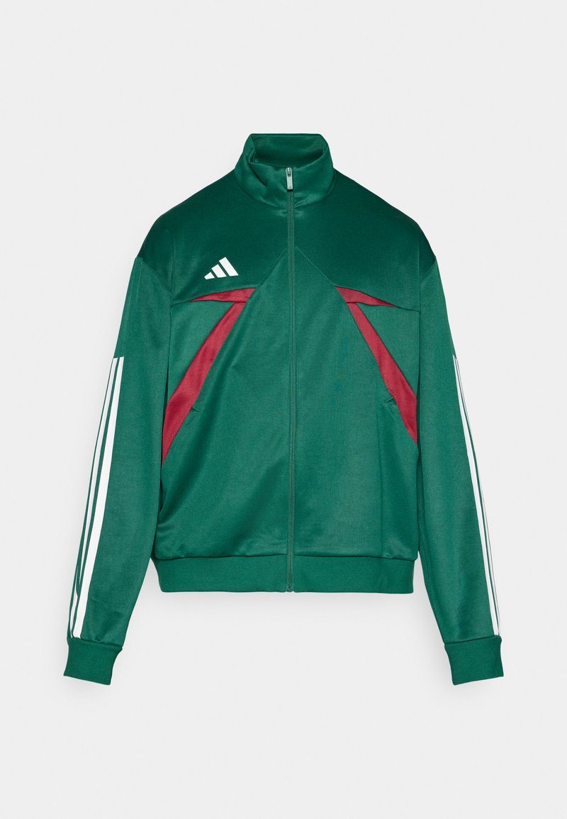 Groene ritsjack met hoge kraag, bordeaux accenten, witte strepen op de mouwen, gemaakt van gladde stof, met een sportief ontwerp.