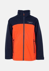 Vattentålig jacka med en navy-blå övre del och en ljus orange nedre del. Har hög krage, frontdragkedja och två sidofickor.