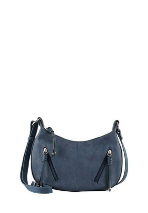 Blauwe leren schoudertas met twee ritszakken, zachte textuur, verstelbare schouderband en zilverkleurige hardware accenten.