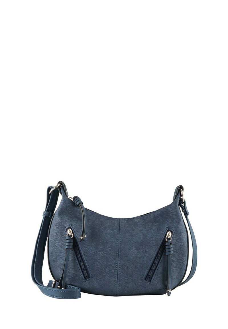 Blaues Leder-Crossbody-Tasche mit zwei Reißverschlusstaschen, glatter Textur, verstellbarem Tragegurt und silbernen Hardware-Akzenten.