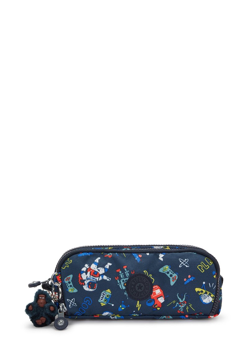 Zippered pencil case in navy fabric, featuring colorful space-themed graphics. Includes a small furry monkey charm attached to the zipper.