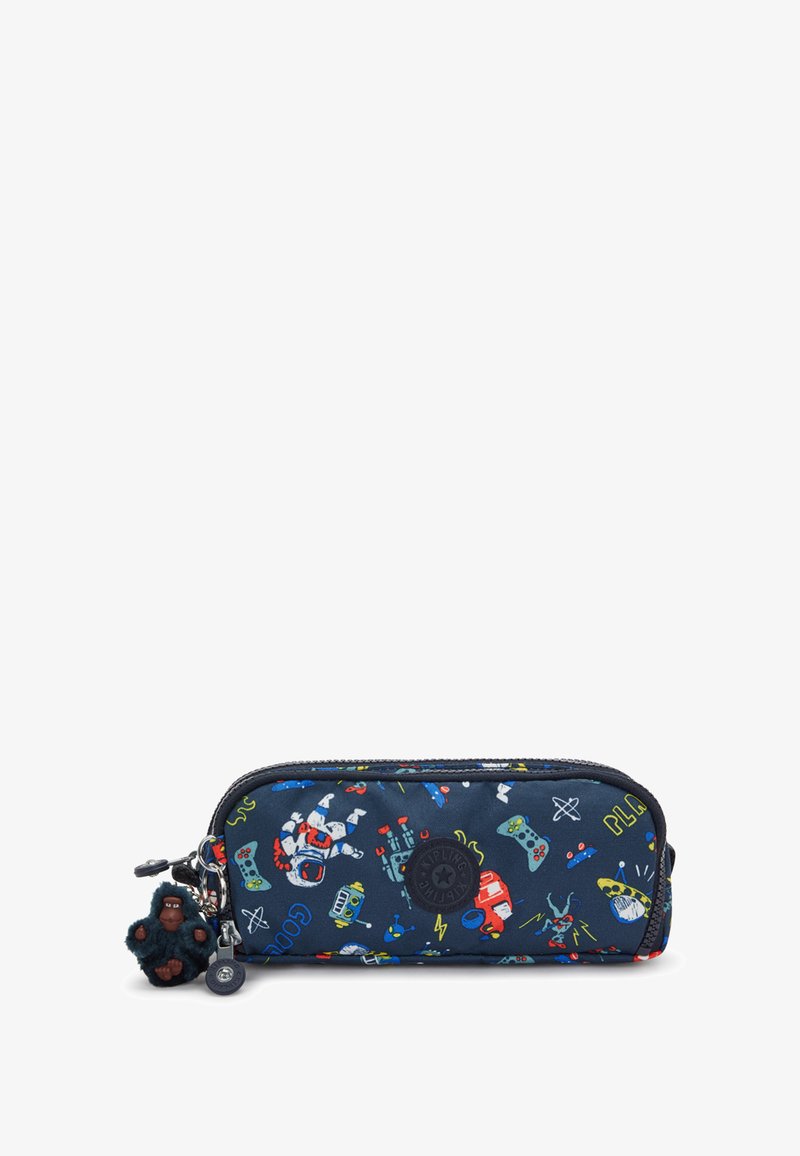 Lukkeskrivepung i navy stof med farverige rumtema-grafikker. Inkluderer en lille, pelsede abecharme, der er hængt på lynlåsen.