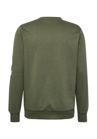 Sudadera verde con cuello redondo, mangas largas, puños y dobladillo de canalé, que presenta un detalle de diseño blanco en la manga izquierda.