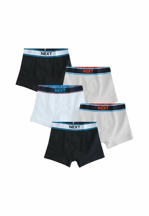 Fünf Paar Herren-Boxershorts in Schwarz, Weiß und Grau, jeweils mit einem farbigen Bund mit dem Markennamen NEXT.
