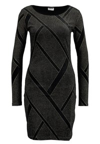 Schwarzes langärmliges Kleid mit geometrischem Muster, akzentuiert mit goldenen Linien. Strukturierter Stoff mit taillierter Silhouette.