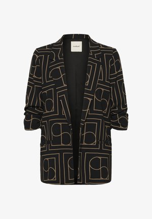 Fekete blézer krémszínű geometrikus négyzet és kör mintával, nyitott elülső résszel és redőzött 3/4-es ujjakkal.