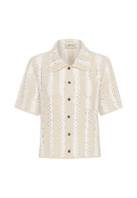 Knit, short-sleeve shirt in cream featuring open lace patterns, horizontal stripes, a pointed collar, and brown buttons. Small chest pocket included.
