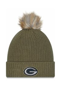 Olive green knit beanie with a folded cuff, featuring a faux fur pom-pom on top and an embroidered oval logo on the front.