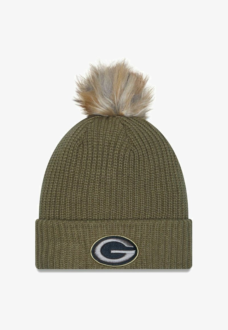Olive green knit beanie with a folded cuff, featuring a faux fur pom-pom on top and an embroidered oval logo on the front.