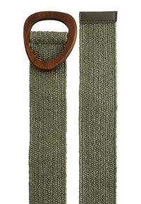Woven green belt with a wooden oval buckle; fabric texture is smooth and sturdy; includes a leather accent at the belt's end.