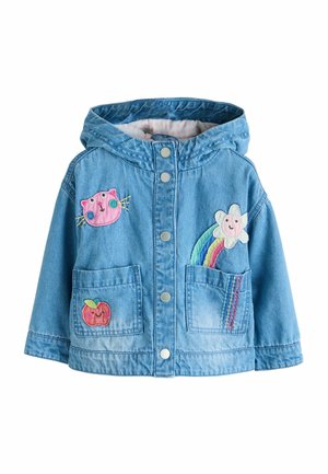 Kapucnis farmerdzseki színes hímzett mintákkal: rózsaszín macska, mosolygó virág, szivárvány és piros alma. Négy patentgombbal, két zsebbel.