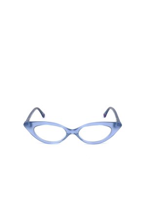 Occhiali da vista azzurri traslucidi a forma di occhio di gatto con lenti strette e aste curve, mostrati su sfondo bianco.