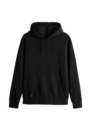 Schwarze Langarm-Hoodie mit Kängurutasche und Kordelzügen, auf einem weißen Hintergrund präsentiert.