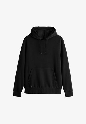 Schwarze Langarm-Hoodie mit Kängurutasche und Kordelzügen, auf einem weißen Hintergrund präsentiert.