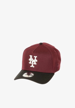 Burgundy and black adjustable baseball cap with white intertwined "NY" logo on front and brand sticker on black curved brim.