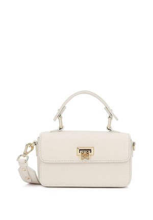 White leather handbag featuring a structured design, gold hardware, a top handle, and a detachable strap with decorative accents.