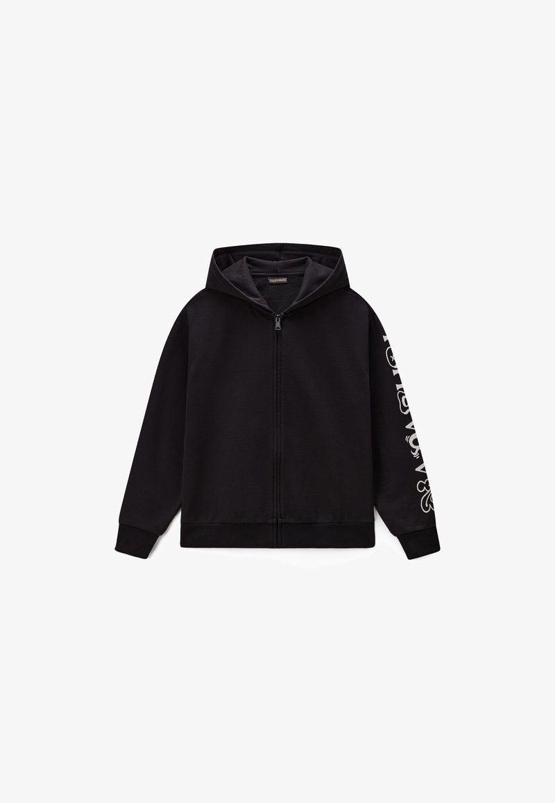 Sweat à capuche noir zippé avec capuche et manches longues, avec texte graphique blanc imprimé le long de la manche droite.