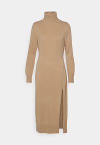 Beiges Rollkragenkleid mit langen Ärmeln, seitlichem Schlitz und gerippten Bündchen. Hergestellt aus weichem, elastischem Material für hohen Tragekomfort.