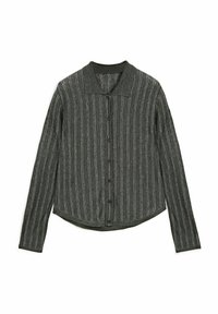 Dark gray long-sleeve button-up shirt with white vertical stripes and a soft collar, laid flat on a white background.