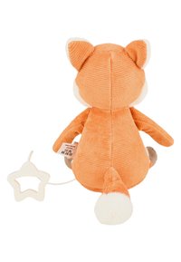 Orange plush fox toy with textured fur, white accents, and a small star-shaped attachment. Features a tag on the back.