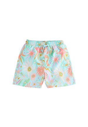 Hele sinised ujumispüksid, millel on roosad ja oranžid päikese, tähe, käe ja poolkuu mustrid, elastse vöökoha ja nööriga.