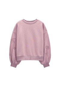 Jasnoróżowysweatshirt z okrągłym dekoltem, prążkowanymi mankietami i kwiatowym haftem na rękawach. Miękka tkanina i krótki krój.