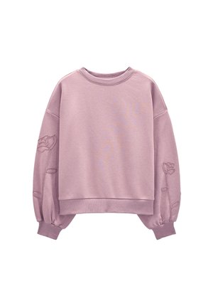 Jasnoróżowysweatshirt z okrągłym dekoltem, prążkowanymi mankietami i kwiatowym haftem na rękawach. Miękka tkanina i krótki krój.