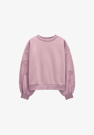 Jasnoróżowysweatshirt z okrągłym dekoltem, prążkowanymi mankietami i kwiatowym haftem na rękawach. Miękka tkanina i krótki krój.