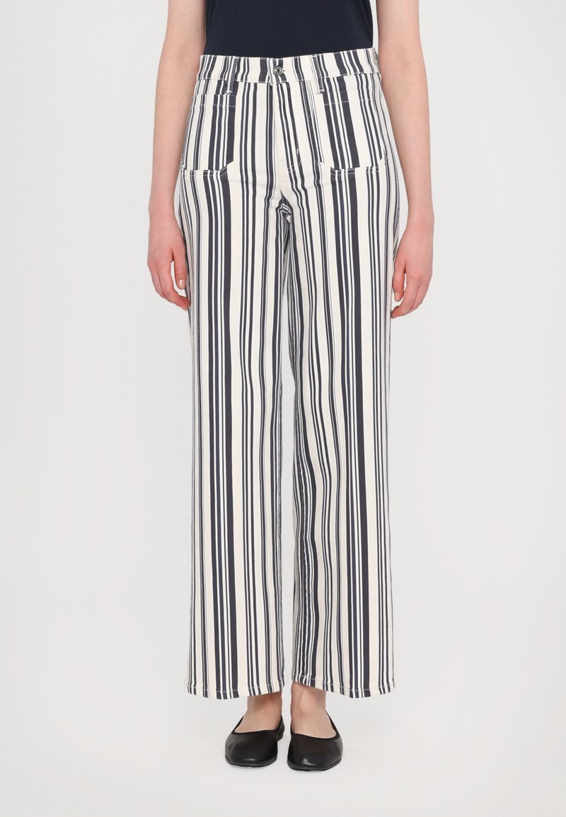 Pantaloni a gamba larga a righe in blu navy e bianco, con vita alta, due tasche frontali e una vestibilità ampia, realizzati in un tessuto leggero.