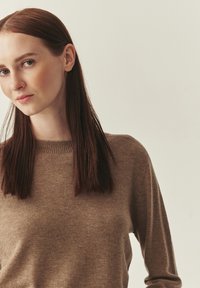 Pull en tricot marron avec un col rond et des manches longues, présentant un col côtelé et une texture lisse. Le modèle a les cheveux raides.
