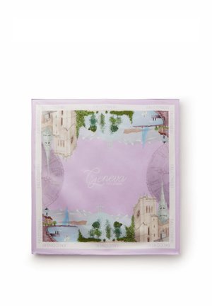 Firkantet lavendelfarvet tørklæde med Geneves vartegn, springvand, bjerge og "Falconeri" branding omkring kanten.