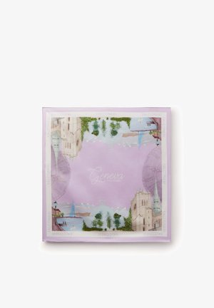 Kwadratowy lawendowy szal z zabytkami Genewy, fontannami, górami i napisem "Falconeri" wokół krawędzi.