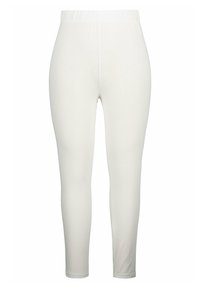 Leggings blancs fabriqués en tissu extensible, dotés d'une taille haute et d'une coupe slim, avec une texture lisse et un design simple, sans motifs ni accents.