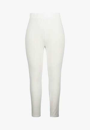 Leggings blancs fabriqués en tissu extensible, dotés d'une taille haute et d'une coupe slim, avec une texture lisse et un design simple, sans motifs ni accents.