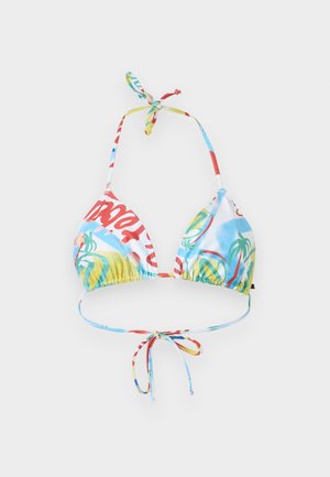 Háromszög bikini felső, színes absztrakt és trópusi mintával, nyakpántos és hátravaló megkötővel, fehér háttéren.